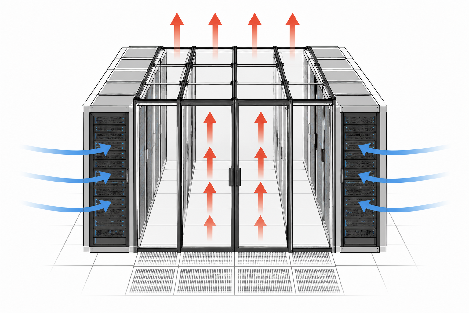 Technical airflow diagram showing cool supply air entering server racks and hot exhaust air rising through a contained aisle